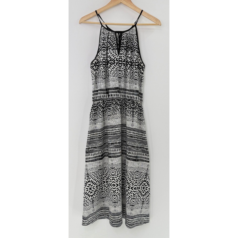 RED Saks Fifth Avenue Dress Black White Print‎ Halter Neck Sz L Unlined Preppy